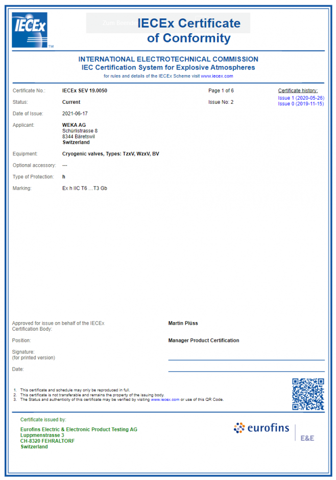 IECEx certification for cryogenic bellow valves – WEKA AG