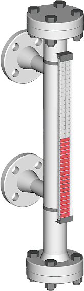 A picture, visual magnetic bypass level indicator with side process connections for up to 50 bar process pressure
